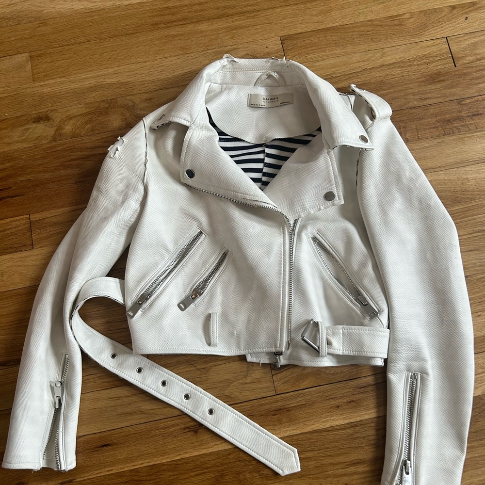 Zara Women's White Leather Jacket Sz S
